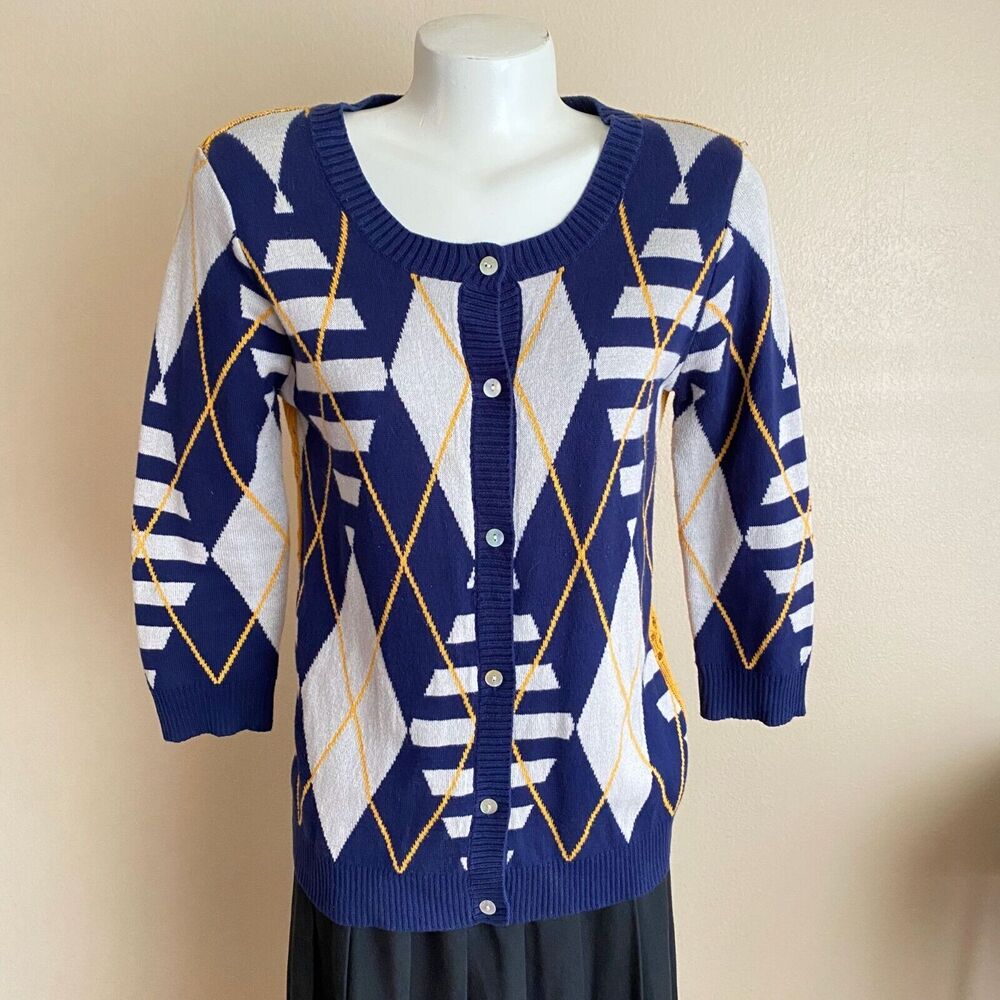Copper Key L 100% Cotton Blue Gold Argyle Open Crochet 3/4 Sleeve Knit Cardigan
